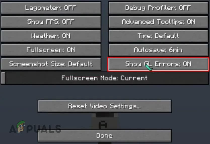 Настройка Show GL Errors в меню OptiFine — переключить в OFF